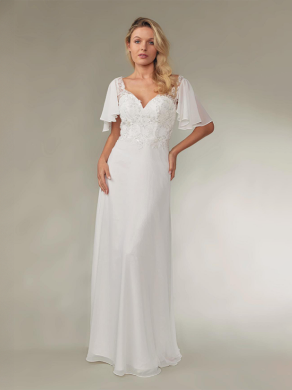 Robe de mariée longue manche volante et courte 